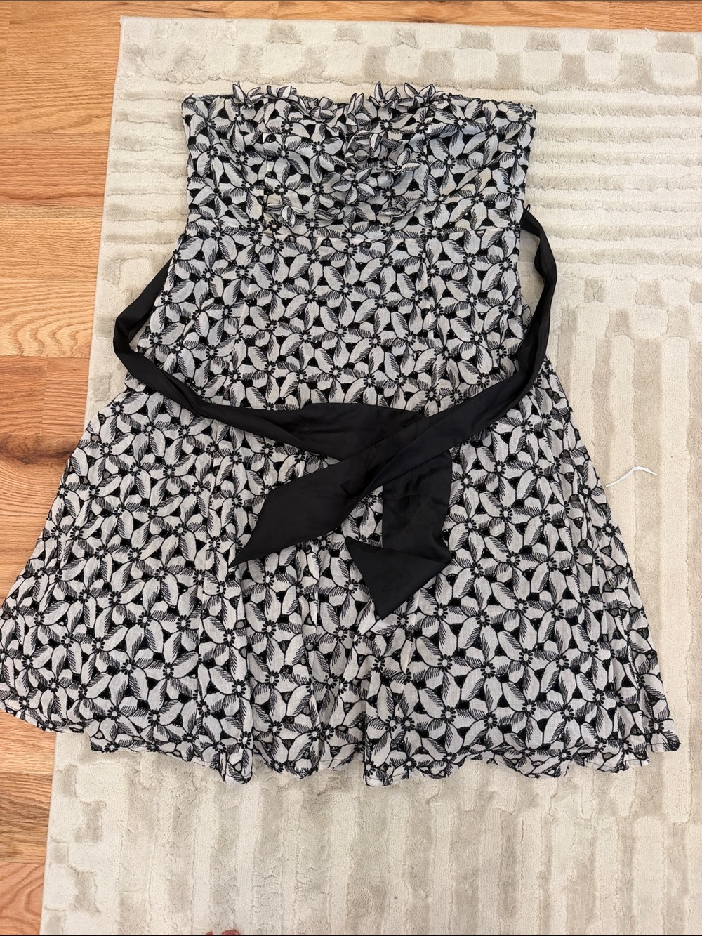 Moulinette Soeurs Black & White Strapless Floral A-Line Dress with Waist Sash